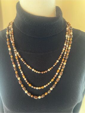 Pearls Freshwater Gold/Brown/Gray/Cream 3 Strand Toggle Clasp Necklace, NWOT